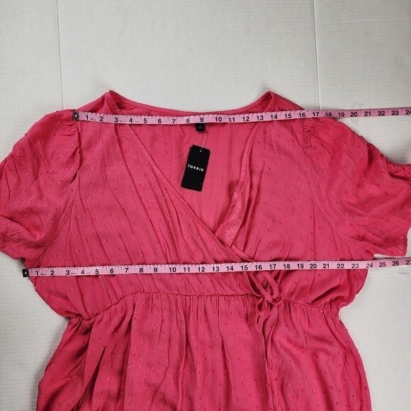 Torrid Pink Midi Dress Faux Wrap Swiss Dot Surplice Ruched Plus Size 2 2X 18-20 - Picture 7 of 15